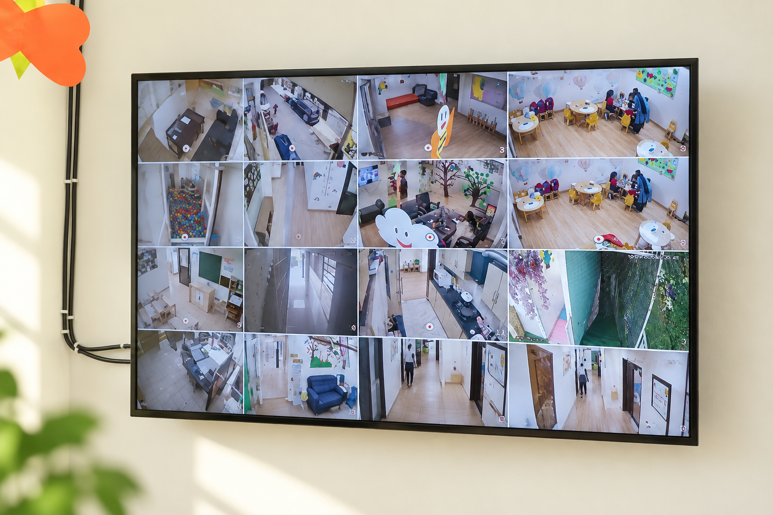 CCTV monitor showing live classroom and corridor feeds