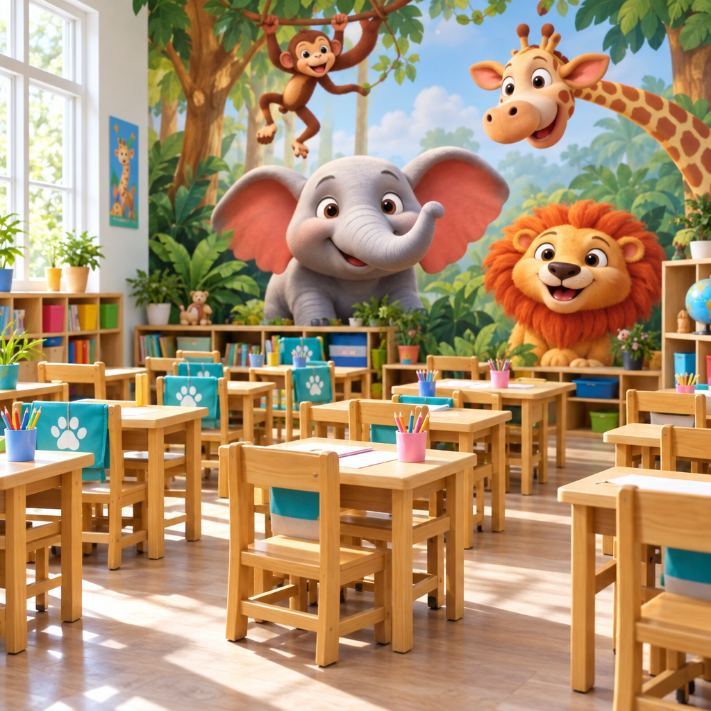 Theme-based classroom with jungle animal mural at Cambridge Montessori Shalimar Bagh