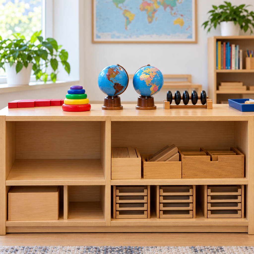 Mind Lab shelf with Montessori logic puzzles and globes