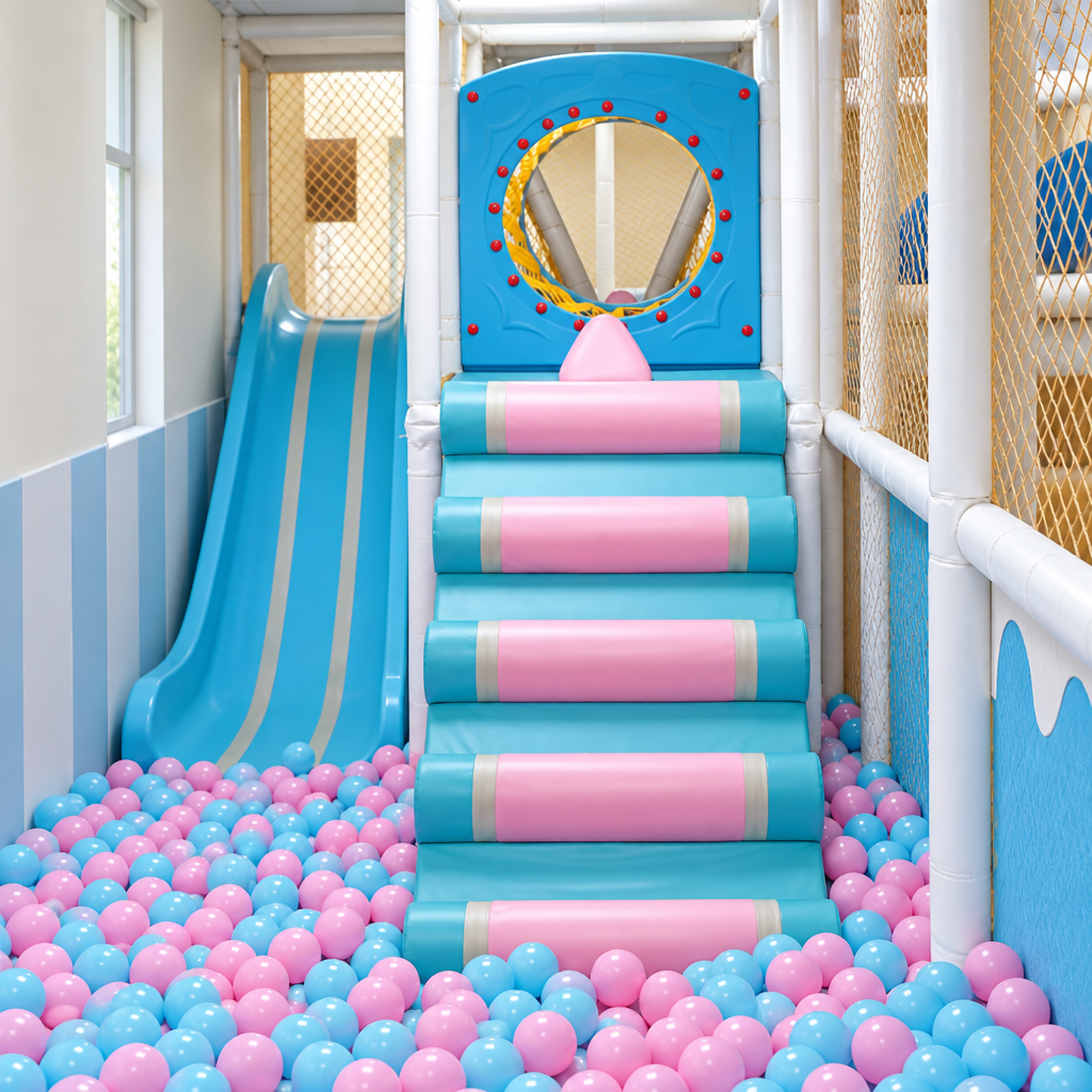Indoor play zone with ball pit and slide at Cambridge Montessori Shalimar Bagh